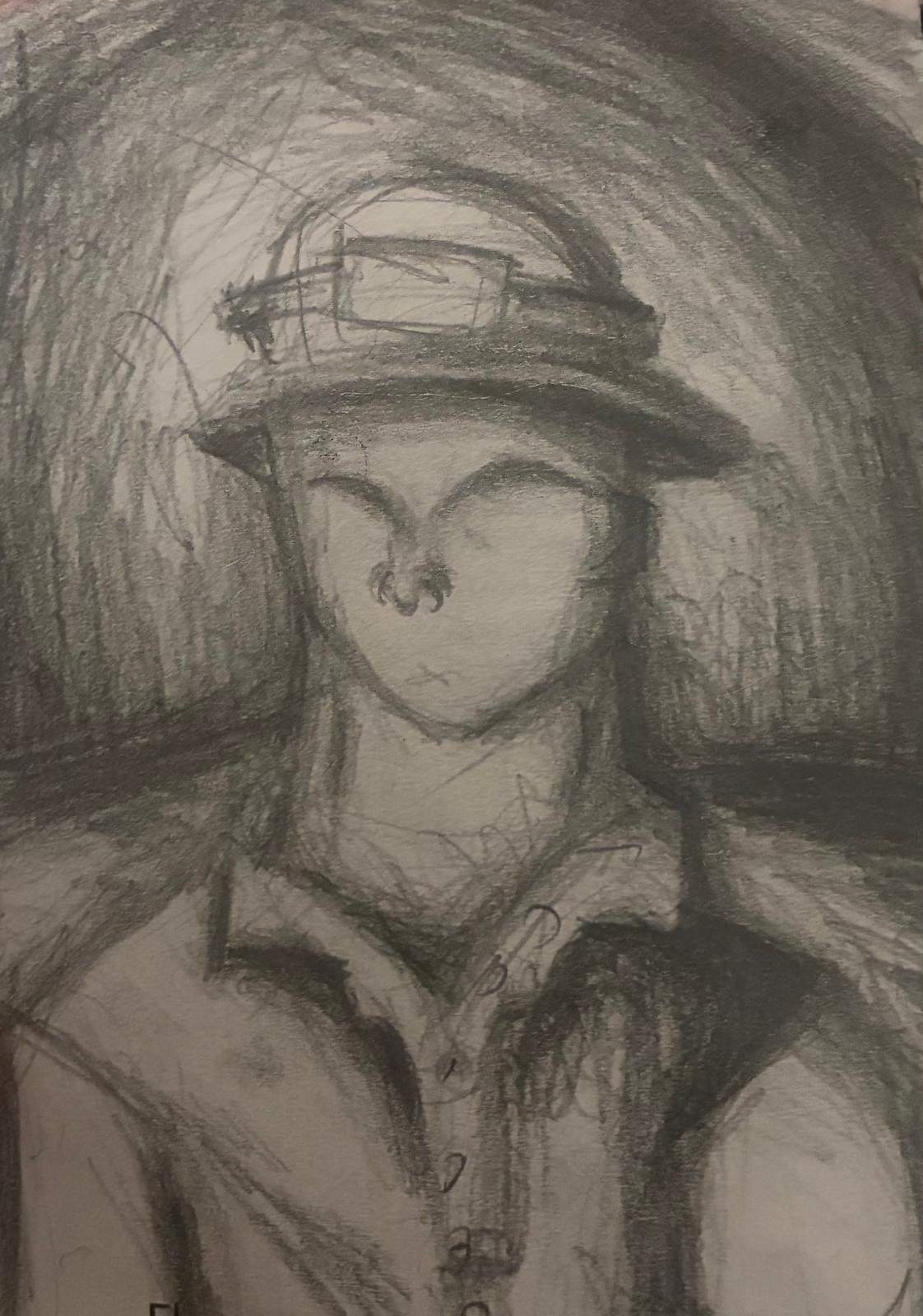 Dibujo a lápiz hecho por un niño, retratando a un minero con casco y lámpara